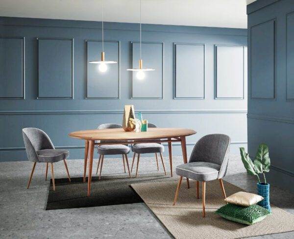 Interior design with blue paint wall, timber dining set and grey terrazzo matt floor