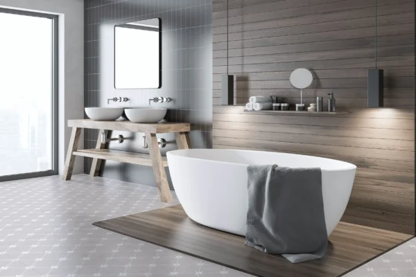 soft grey matt pattern tiles with black and white furniture, grey wall and timber decorations