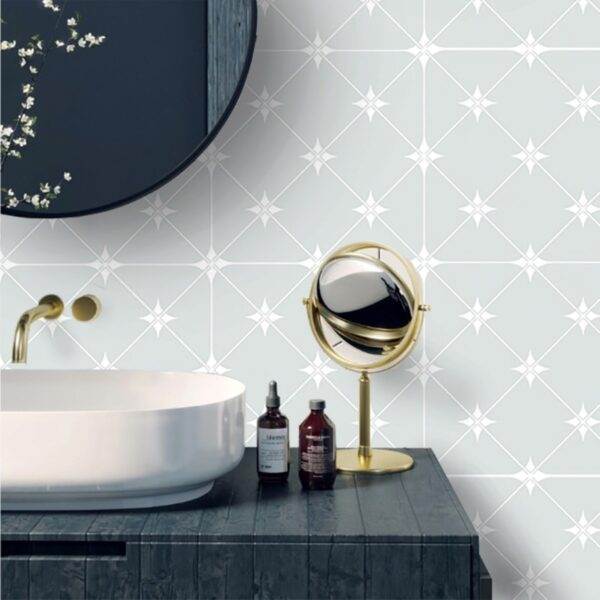 soft sage matt pattern tiles with black and white furniture and decorations