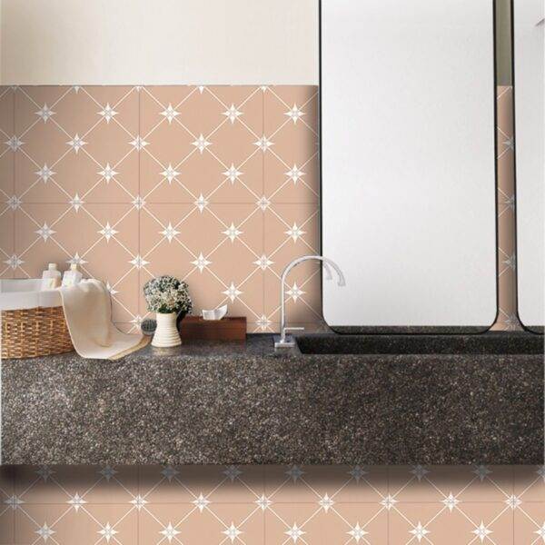 lily terracotta matt pattern wall tiles with black and white furniture, grey decorations