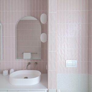 Soft pastel colour subway tiles are beautifully balanced with any neutral tone tile or fixtures
