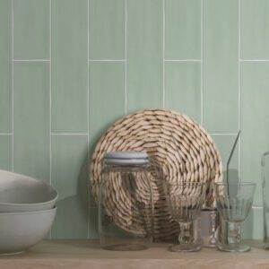 Soft pastel colour subway tiles are beautifully balanced with any neutral tone tile or fixtures