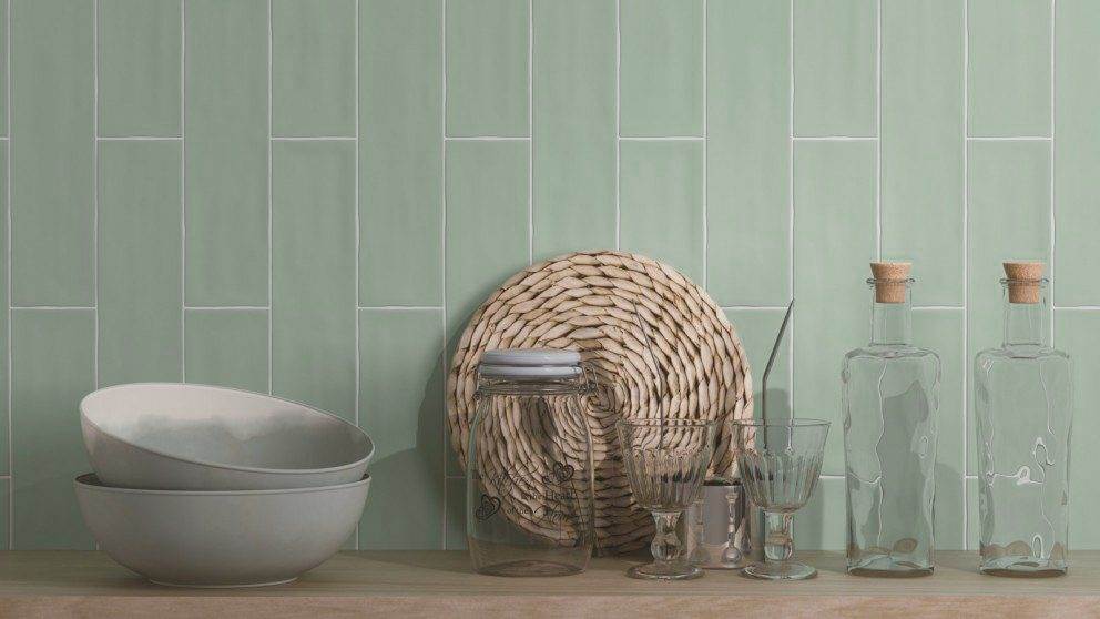 Soft pastel colour subway tiles are beautifully balanced with any neutral tone tile or fixtures