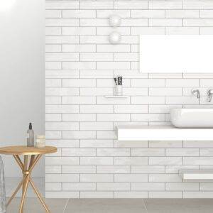 Soft pastel colour subway tiles are beautifully balanced with any neutral tone tile or fixtures