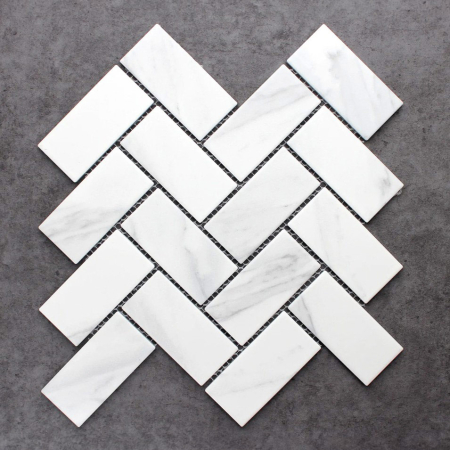 Carrara Matt Porcelain Mosaic Herringbone Tile 45x95x5mm (Code:03147)